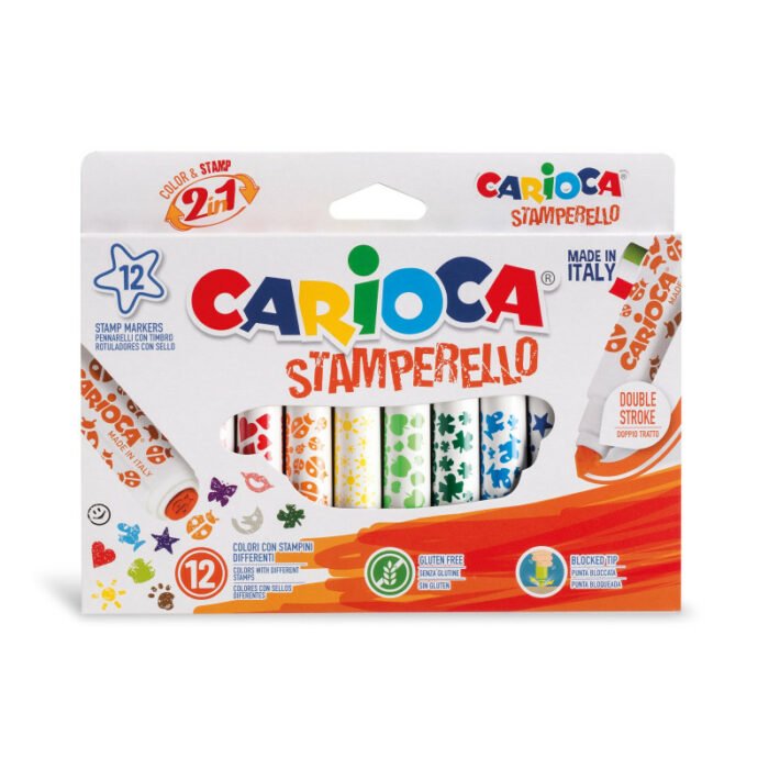 A Carioca Stamperello egy igazi különlegesség! Ez a rendkívül innovatív termék több funkcióval is rendelkezik, amit a gyermeked nagyon fog szeretni. Egyrészt színes filctollként használható, másrészt a tollak végén egy-egy bélyegző található, amellyel a gyermeked fantasztikus mintákat készíthet.